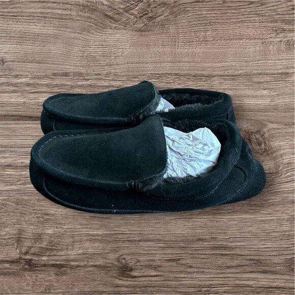 Dearfoams Black Faux Fur Slippers Slip On NEW Size 8 Suede Women's - Picture 1 of 4